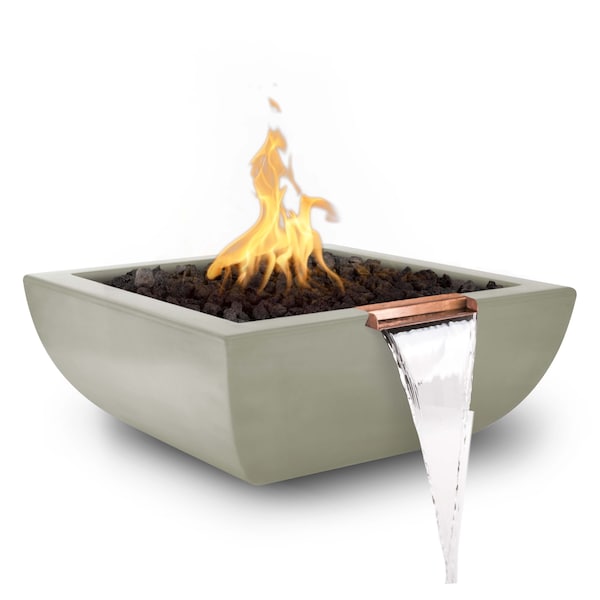 The Outdoor Plus 24 Square Avalon Fire & Water Bowl - GFRC Concrete - Ash - Match Lit - Liquid Propane - OPT-AVLFW24-ASH-LP
