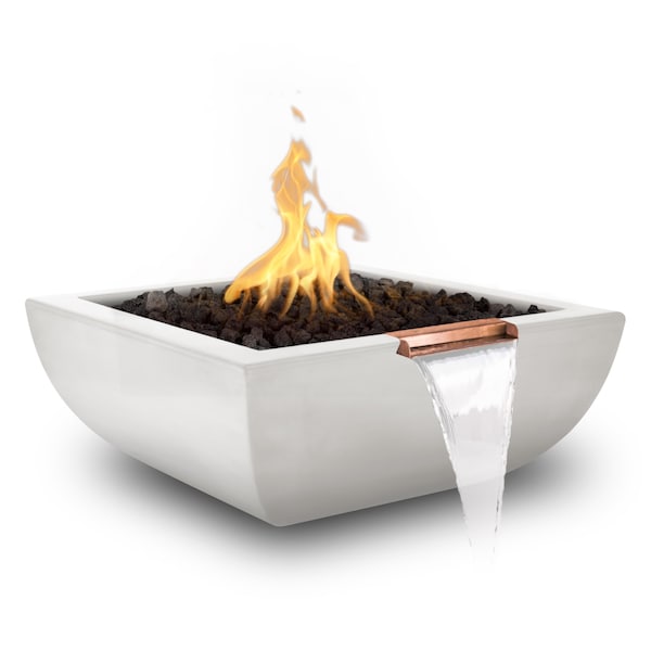 The Outdoor Plus 36 Square Avalon Fire & Water Bowl - GFRC Concrete - White - Match Lit - Natural Gas - OPT-AVLFW36-LIM-NG