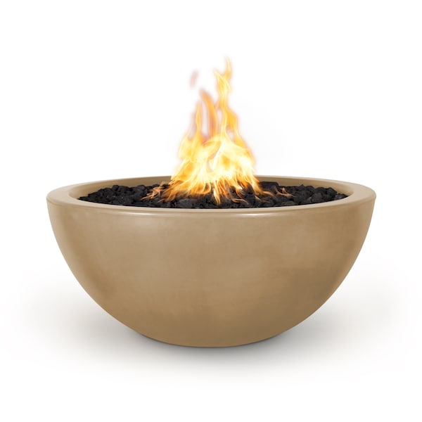 The Outdoor Plus 38 Round Luna Fire Bowl - GFRC Concrete - Brown - Low Voltage Electronic Ignition - Liquid Propane - OPT-LUNFO38E12V-BRN-LP