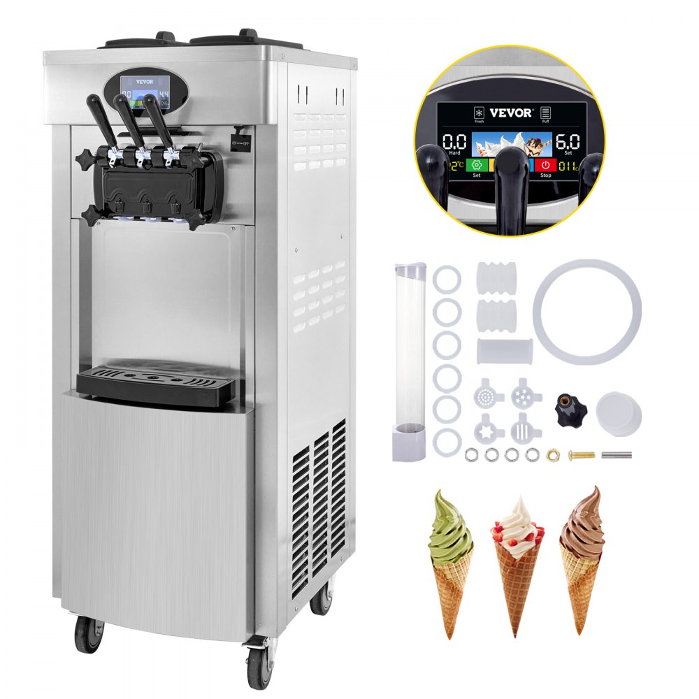 VEVOR 2200W Commercial Soft Ice Cream Machine 3 Flavors 5.3 to 7.4Gallon per Hour PreCooling at Night Auto Clean LCD Panel for Restaurants Snack Bar, Sliver - BJLJLSRZYKF-8228HV1