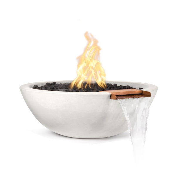 The Outdoor Plus 33 Round Sedona Fire & Water Bowl, GFRC Concrete, White, Match Lit with Flame Sense, Natural Gas - OPT-33RFWFSML-LIM-NG