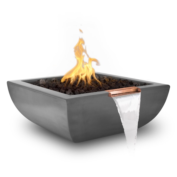 The Outdoor Plus 24 Square Avalon Fire, Water Bowl, GFRC Concrete, Natural Gray, Liquid Propane - OPT-AVLFW24E12V-NGY-LP