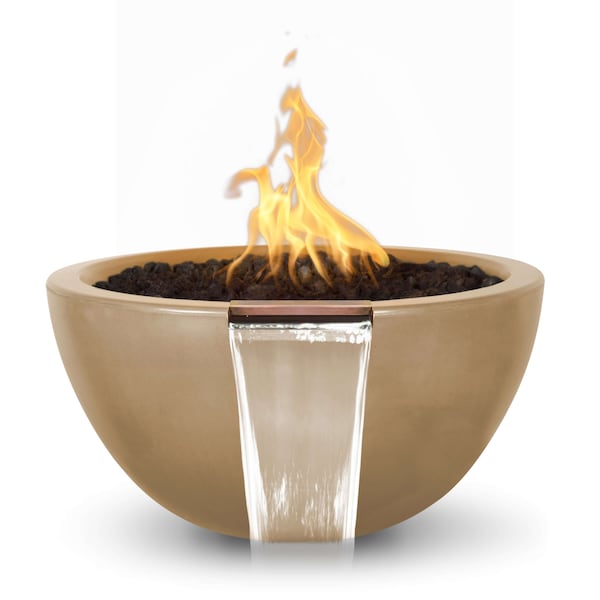 The Outdoor Plus 38 Round Luna Fire & Water Bowl - GFRC Concrete - Brown - Match Lit - Liquid Propane - OPT-LUNFW38-BRN-LP