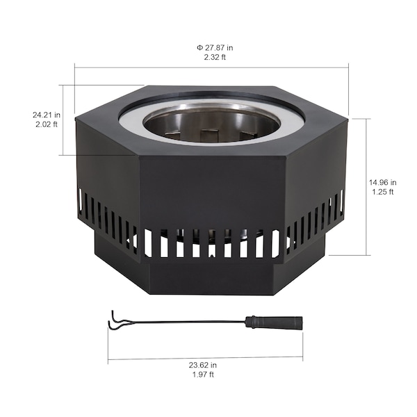 Sunjoy 28 in Smokeless Fire Pit with Ash Pan and Poker, Portable Wood Burning Fireplace, Black - A301060500