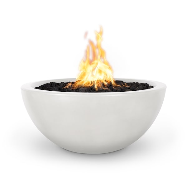 The Outdoor Plus 30 Round Luna Fire Bowl - GFRC Concrete - White - Low Voltage Electronic Ignition - Liquid Propane - OPT-LUNFO30E12V-LIM-LP