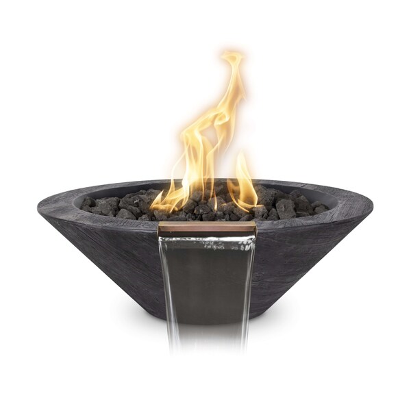 The Outdoor Plus 24 Round Cazo Fire, Water Bowl, Wood Grain GFRC Concrete, Ebony, Match Lit w/Flame Sense, Liquid Propane - OPT-24RWGFWFSML-EBN-LP