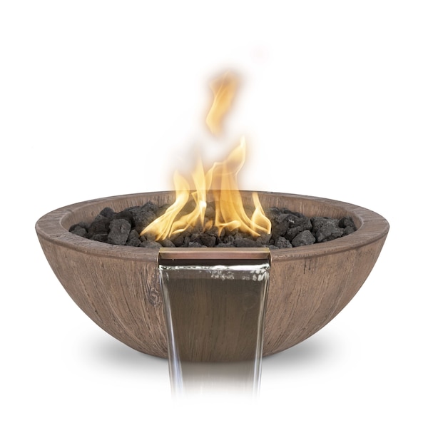The Outdoor Plus 27 Round Sedona Fire, Water Bowl, Wood Grain GFRC Concrete, Oak, Match Lit w/Flame Sense, Liquid Propane - OPT-27RWGFWFSML-OAK-LP