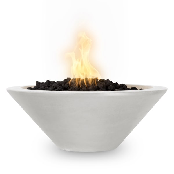 The Outdoor Plus 24 Round Cazo Fire Bowl - GFRC Concrete - White - Low Voltage Electronic Ignition - Liquid Propane - OPT-24RFOE12V-LIM-LP