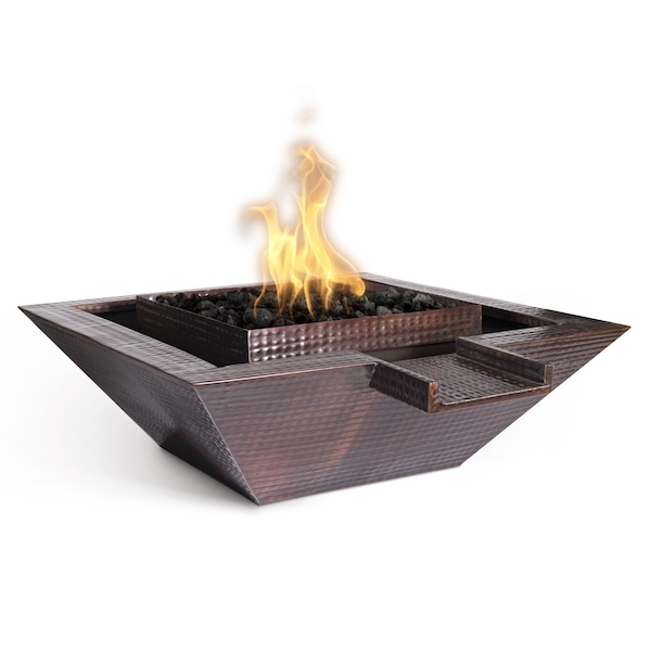 The Outdoor Plus 30 Maya Hammered Copper Fire & Water Bowl - Gravity Spill - Match Lit - Natural Gas - OPT-SQ30FANDW-NG