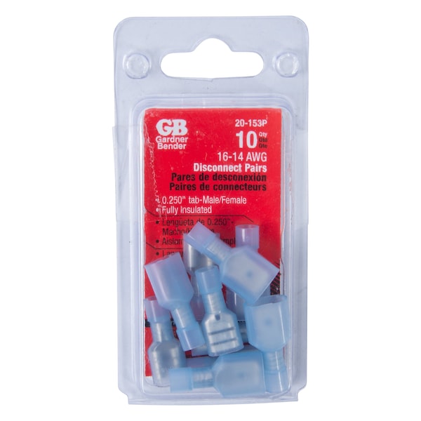 Terminal de desconexión Gardner Bender, 600 V, cable de 16 a 14 AWG, perno de 14 pulgadas, aislamiento de vinilo, azul - 20-153P