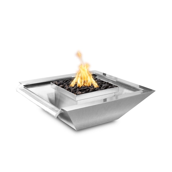 The Outdoor Plus 30 Square Maya Fire & Water Bowl, Stainless Steel, Low Voltage Electronic Ignition, Liquid Propane - OPT-SQ30SSFWWSE12V-LP