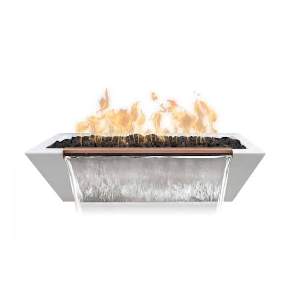 The Outdoor Plus 48 Rectangular Linear Maya Fire & Water Bowl, Powder Coated Metal, White, Match Lit, Liquid Propane - OPT-4820MPCFW-WHT-LP