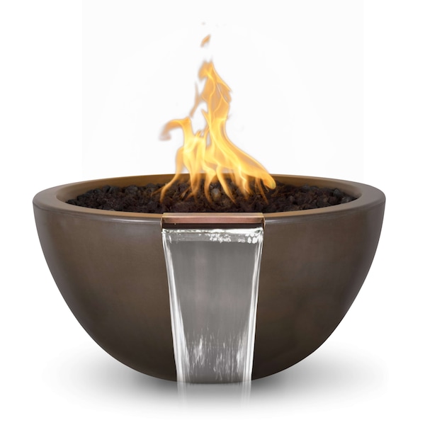 The Outdoor Plus 30 Round Luna Fire & Water Bowl, GFRC Concrete, Chocolate, Low Voltage Electronic Ignition, Natural Gas - OPT-LUNFW30E12V-CHC-NG