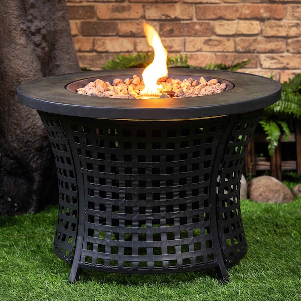 Deko Living Round Outdoor Propane Gas Fire Pit Table 8,000 BTU, Lava Rock Filler - COB10009