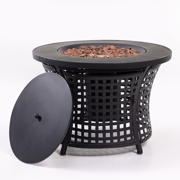 Deko Living Round Outdoor Propane Gas Fire Pit Table 8,000 BTU, Lava Rock Filler - COB10009