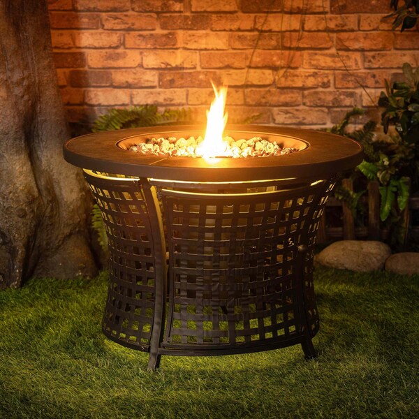 Deko Living Round Outdoor Propane Gas Fire Pit Table 8,000 BTU, Lava Rock Filler - COB10009