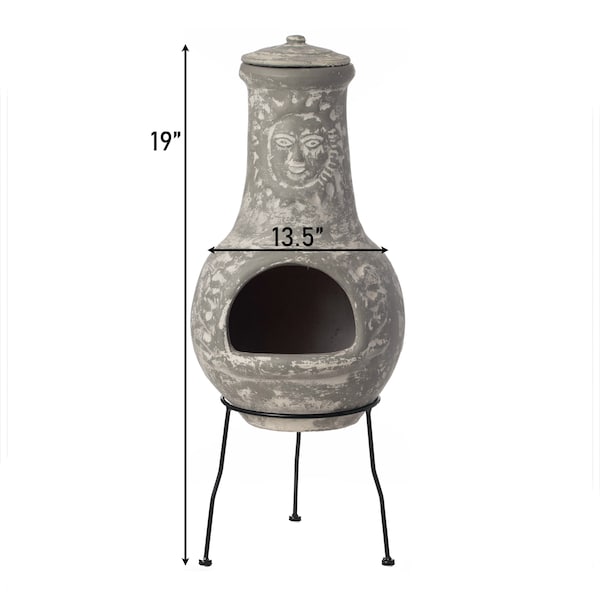 Vintiquewise Outdoor Clay Chiminea Fireplace Sun Design Wood Burning Fire Pit with Sturdy Metal Stand, Stone Gray - QI004631.G