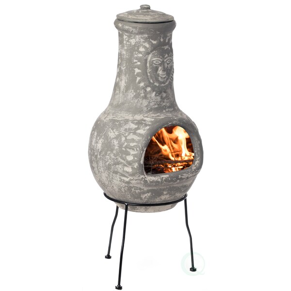 Vintiquewise Outdoor Clay Chiminea Fireplace Sun Design Wood Burning Fire Pit with Sturdy Metal Stand, Stone Gray - QI004631.G