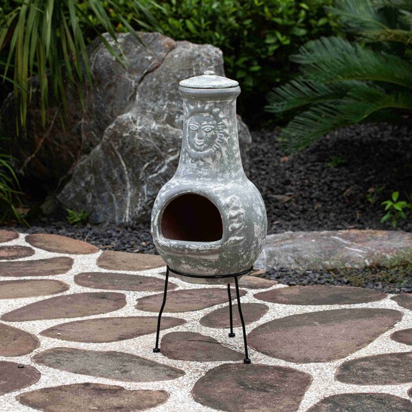 Vintiquewise Outdoor Clay Chiminea Fireplace Sun Design Wood Burning Fire Pit with Sturdy Metal Stand, Stone Gray - QI004631.G