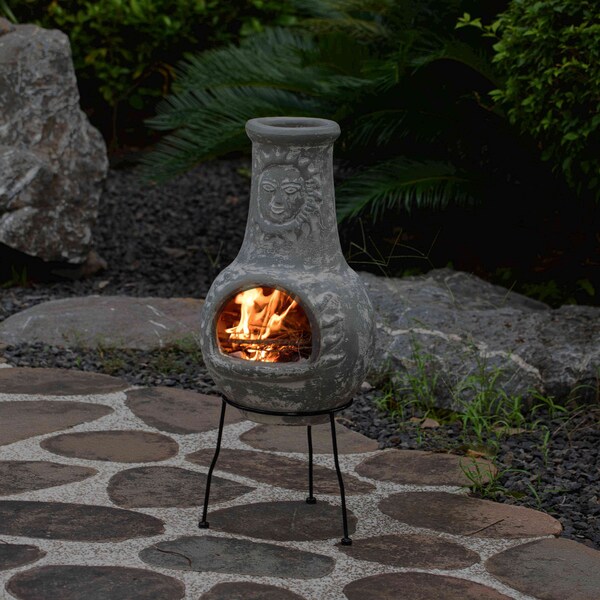Vintiquewise Outdoor Clay Chiminea Fireplace Sun Design Wood Burning Fire Pit with Sturdy Metal Stand, Stone Gray - QI004631.G