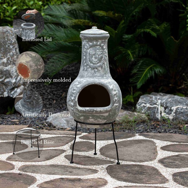 Vintiquewise Outdoor Clay Chiminea Fireplace Sun Design Wood Burning Fire Pit with Sturdy Metal Stand, Stone Gray - QI004631.G