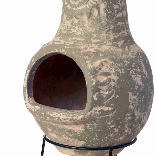 Vintiquewise Outdoor Clay Chiminea Fireplace Sun Design Wood Burning Fire Pit with Sturdy Metal Stand, Stone Gray - QI004631.G