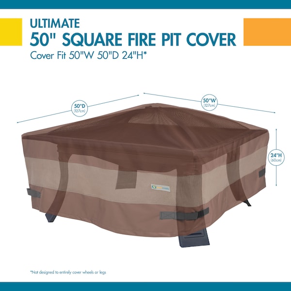 Duck Covers Ultimate Mocha Patio Square Fire Pit Cover, 50"L x 50"W x 24"H - UFPS5050