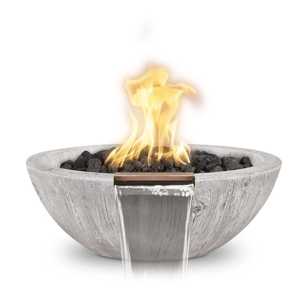 The Outdoor Plus 27 Round Sedona Fire & Water Bowl - Wood Grain GFRC Concrete - Ivory - Match Lit - Natural Gas - OPT-27RWGFW-IVY-NG