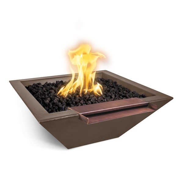 The Outdoor Plus 24 Square Maya Fire & Water Bowl - GFRC Concrete - Chocolate - Match Lit - Natural Gas - OPT-24SFWWS-CHC-NG