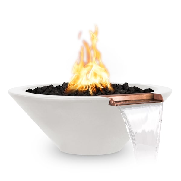 The Outdoor Plus 24 Round Cazo Fire & Water Bowl, GFRC Concrete, White, Low Voltage Electronic Ignition, Natural Gas - OPT-24RFWE12V-LIM-NG