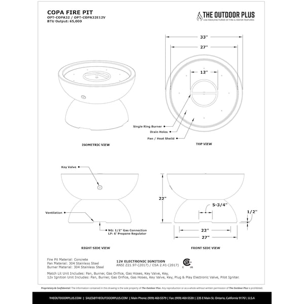 The Outdoor Plus 33 Round Copa Fire Pit - GFRC Concrete - Rustic Coffee - Match Lit - Natural Gas - OPT-COPA33-RCF-NG