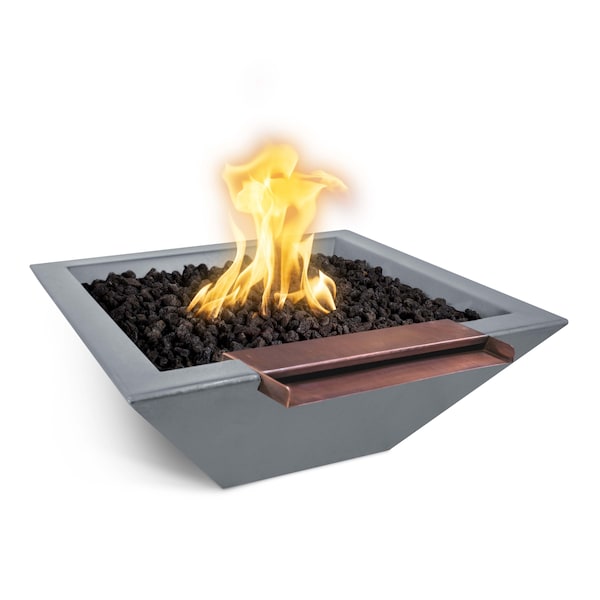 The Outdoor Plus 36 Square Maya Fire & Water Bowl, GFRC Concrete, Gray, Low Voltage Electronic Ignition, Liquid Propane - OPT-36SFWWSE12V-GRY-LP