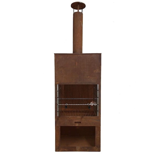 Esschert Design Wide Terrace Heater with Grill & Wood Storage, Rust Finish - FF433