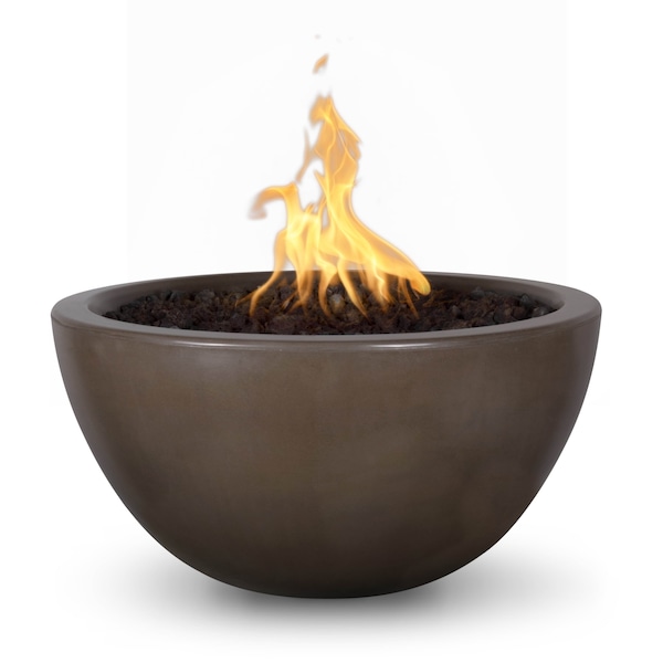 The Outdoor Plus 38 Round Luna Fire Pit - GFRC Concrete - Chocolate - Match Lit with Flame Sense - Liquid Propane - OPT-LUN38FSML-CHC-LP