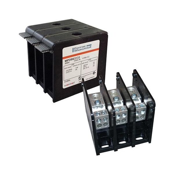 Bloque de distribución de energía Mersen, 2 polos, rango de amperaje de 135 a 175A, clasificación de voltaje de 1000V CA/CC - MPDB67112
