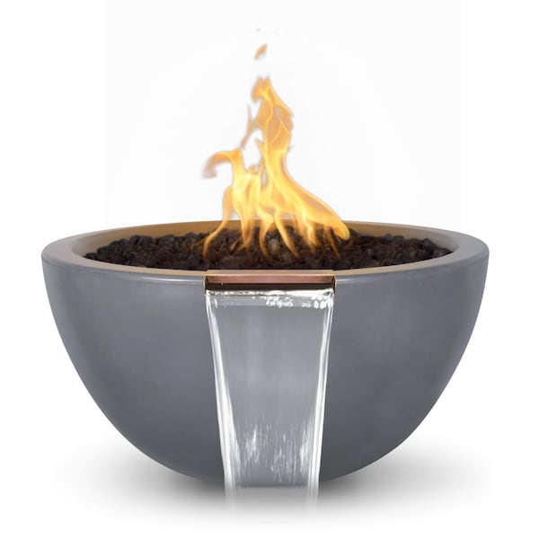 The Outdoor Plus 30 Round Luna Fire & Water Bowl, GFRC Concrete, Gray, Low Voltage Electronic Ignition, Liquid Propane - OPT-LUNFW30E12V-GRY-LP