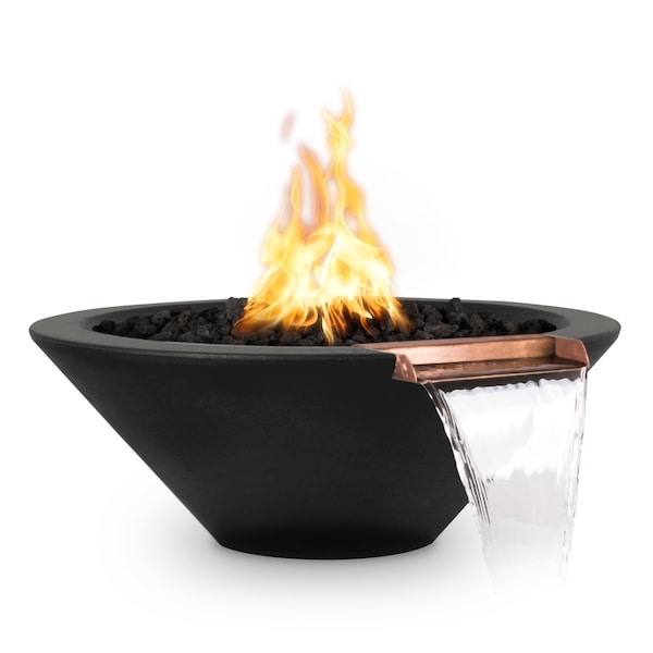 The Outdoor Plus 24 Round Cazo Fire & Water Bowl, GFRC Concrete, Black, Low Voltage Electronic Ignition, Liquid Propane - OPT-24RFWE12V-BLK-LP