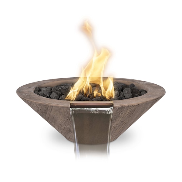 The Outdoor Plus 32 Round Cazo Fire & Water Bowl - Wood Grain GFRC Concrete - Oak - Match Lit - Liquid Propane - OPT-32RWGFW-OAK-LP