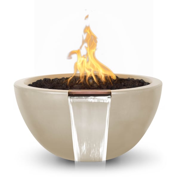 The Outdoor Plus 30 Round Luna Fire & Water Bowl, GFRC Concrete, Vanilla, Match Lit with Flame Sense, Liquid Propane - OPT-LUNFW30FSML-VAN-LP