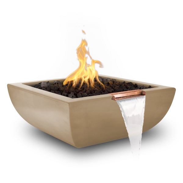 The Outdoor Plus 30 Square Avalon Fire & Water Bowl, GFRC Concrete, Brown, Match Lit with Flame Sense, Liquid Propane - OPT-AVLFW30FSML-BRN-LP