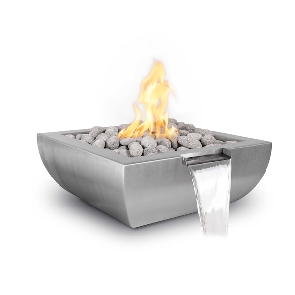 The Outdoor Plus 24 Square Avalon Fire & Water Bowl, Stainless Steel, Low Voltage Electronic Ignition, Liquid Propane - OPT-24AVSSFWE12V-LP
