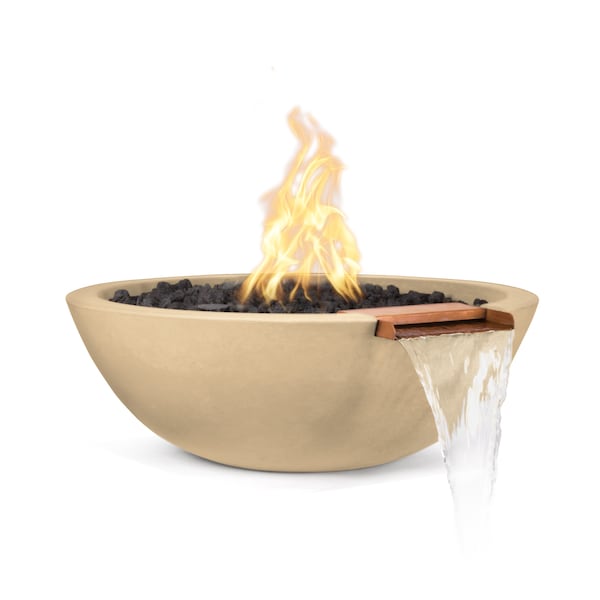 The Outdoor Plus 27 Round Sedona Fire & Water Bowl, GFRC Concrete, Vanilla, Match Lit with Flame Sense, Liquid Propane - OPT-27RFWFSML-VAN-LP