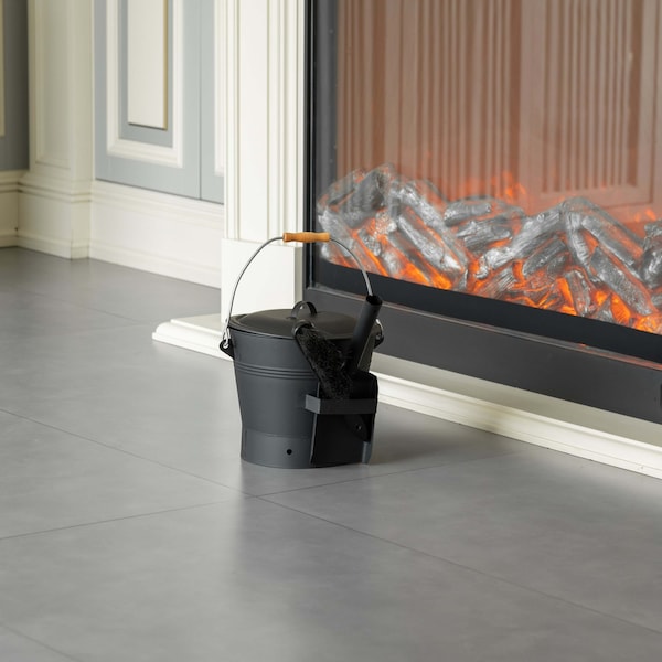Gardenised Black Iron Ash Bucket with Lid and Wood Handle Brush Use for Fire Pit, Wood Burning Stove and Grill - QI004552