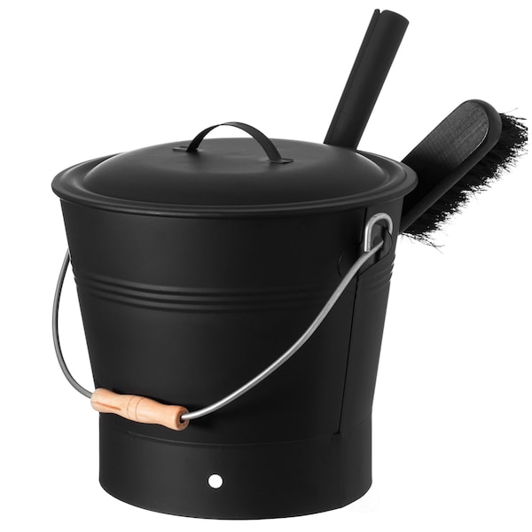 Gardenised Black Iron Ash Bucket with Lid and Wood Handle Brush Use for Fire Pit, Wood Burning Stove and Grill - QI004552