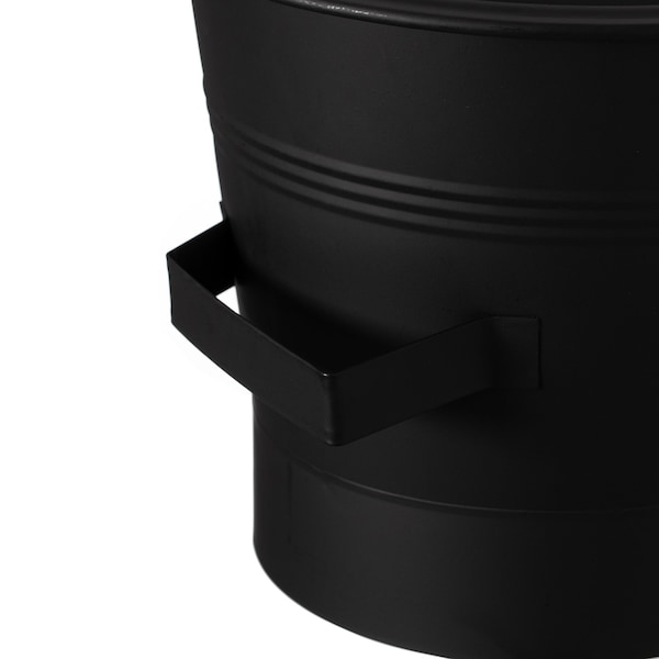 Gardenised Black Iron Ash Bucket with Lid and Wood Handle Brush Use for Fire Pit, Wood Burning Stove and Grill - QI004552