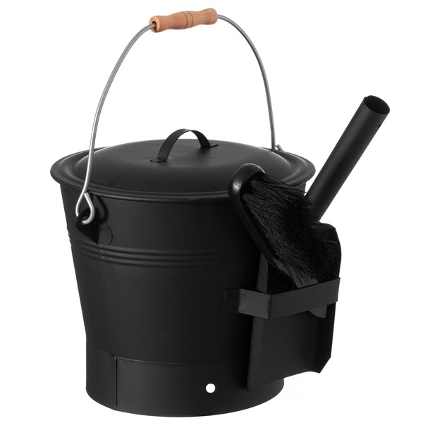 Gardenised Black Iron Ash Bucket with Lid and Wood Handle Brush Use for Fire Pit, Wood Burning Stove and Grill - QI004552