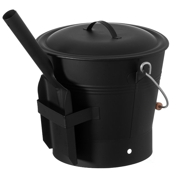 Gardenised Black Iron Ash Bucket with Lid and Wood Handle Brush Use for Fire Pit, Wood Burning Stove and Grill - QI004552