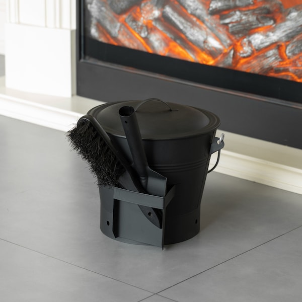 Gardenised Black Iron Ash Bucket with Lid and Wood Handle Brush Use for Fire Pit, Wood Burning Stove and Grill - QI004552