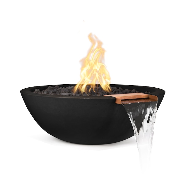 The Outdoor Plus 33 Round Sedona Fire & Water Bowl, GFRC Concrete, Black, Match Lit with Flame Sense, Natural Gas - OPT-33RFWFSML-BLK-NG