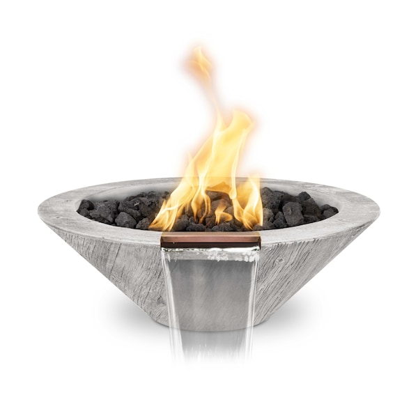 The Outdoor Plus 24 Round Cazo Fire, Water Bowl, Wood Grain GFRC Concrete, Ivory, Natural Gas - OPT-24RWGFWE12V-IVY-NG